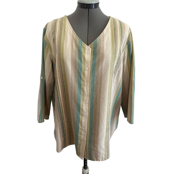 Serengeti XL 100% Cotton Striped Button-Front 3/4 Sleeve Shirt - Picture 1 of 8